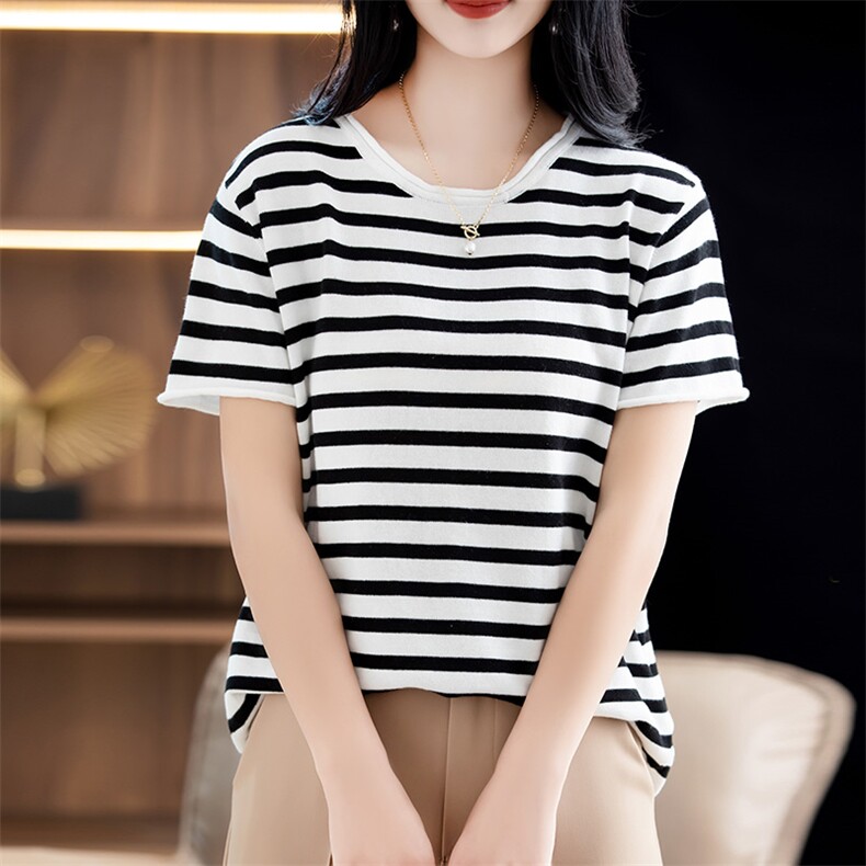 条纹纯棉线短袖t恤女针织打底衫女白色圆领半袖上衣夏季新款体恤,针织衫/毛衣,阁惠羊绒
