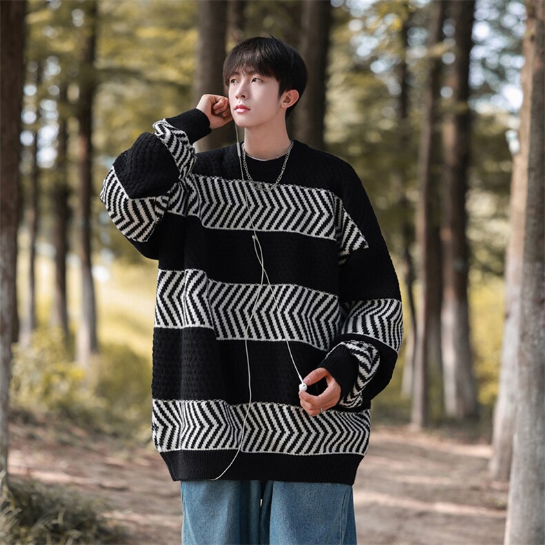 24年圆领毛衣三色条纹经典毛衣917-1M2305，男装针织衫/毛衣，星座917-1