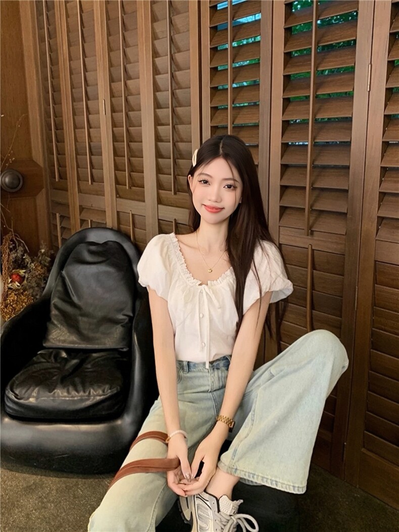 天丝棉v领花边白色云朵衬衫泡泡袖显瘦上衣,女装T恤,湘姗