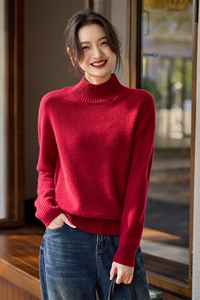 红色女式内搭纯山羊绒衫套头双股线半高领马鞍肩宽松针织毛衣图片