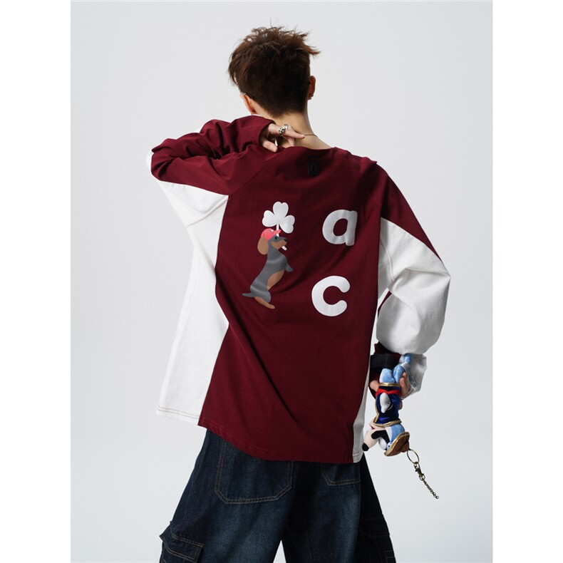 6XL-M美式潮牌印花长袖t恤男拼接撞色卫衣男上衣服CX3009-特P48,男装T恤,电商D206-1