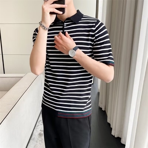 轻奢夏季针织条纹POLO衫男短袖翻领商务休闲修身半袖保罗衫潮图片