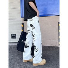 水墨手掌印花白色牛仔裤美式高街hiphop潮牌炸街微喇长裤男直筒裤，男装牛仔裤，星座1210-1