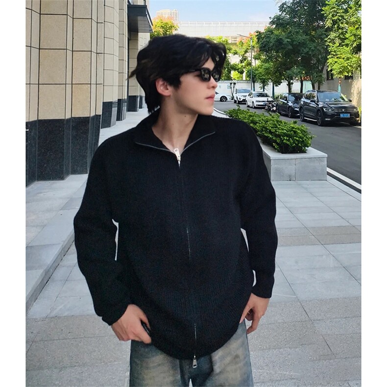 抖音得物 保暖立领拉链针织外套秋冬宽松慵懒风纯色毛衣上衣AM02图片