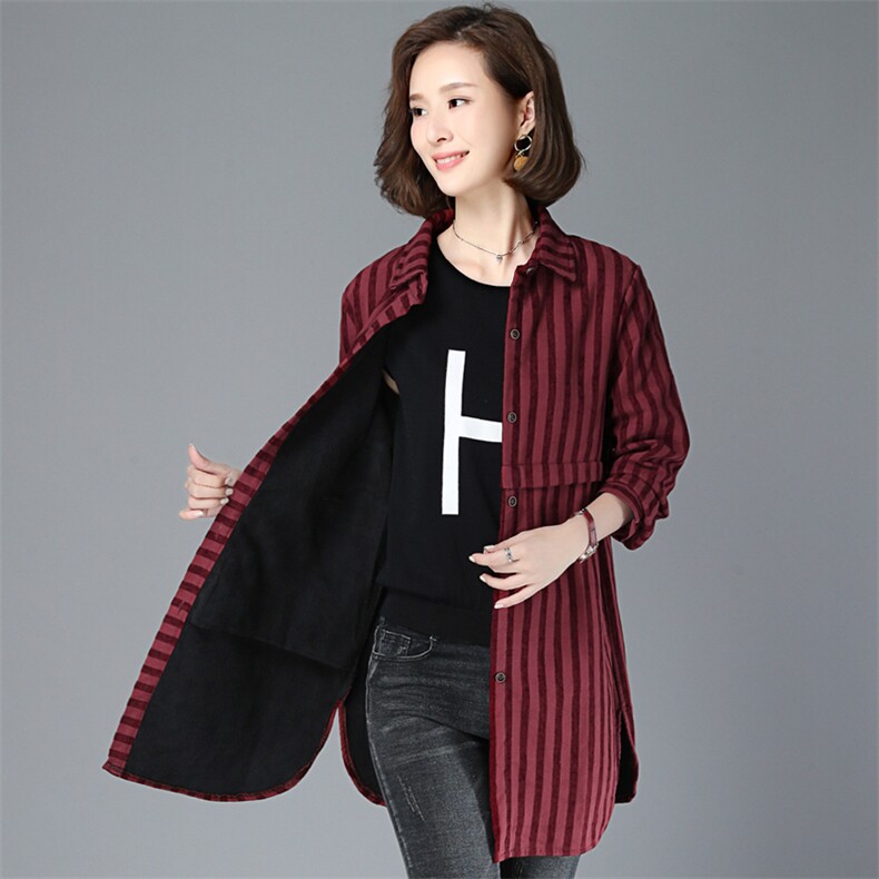 长期现货，中长款条纹加绒加厚衬衫女宽松大码显瘦休闲风衣外套女,女装衬衫,天丽