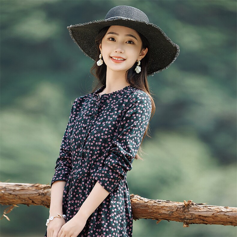水衣源2519款初夏棉麻风碎花连衣裙,女装连衣裙,水衣源