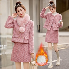 2026年冬季新款小香风粗花呢高级法式套装90羽绒服真狐狸毛领子，女装套装/套裙，小九月
