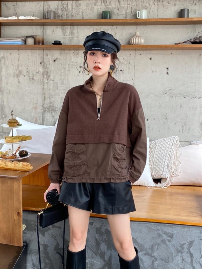 2021秋季新款拼接款翻领拉链款针织卫衣，女装卫衣/绒衫，微迪菲