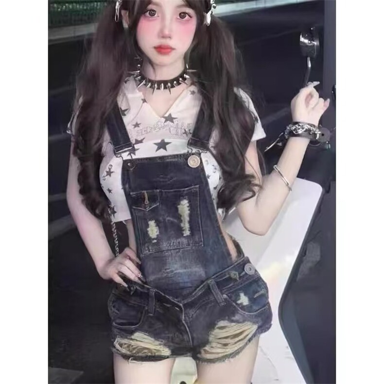 复古蓝色破洞分体两穿牛仔背带短裤女夏季辣妹宽松显瘦百搭热裤子,男装牛仔裤,星座1210-1
