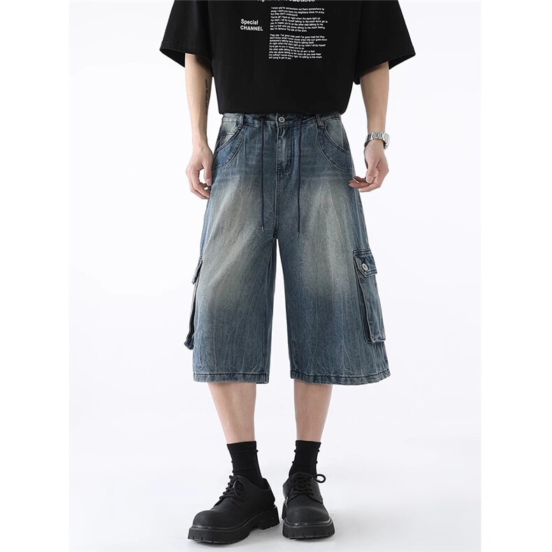 水洗工装牛仔短裤男款夏季美式街头宽松做旧阔腿七分裤ZA2107-P49,男装牛仔裤,星座208-5