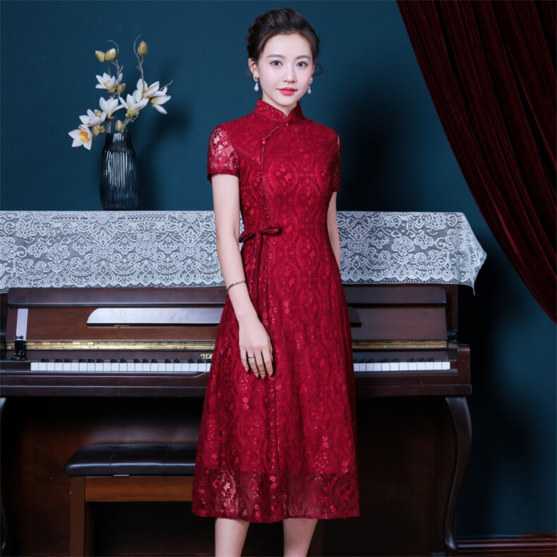 时尚新款修身显瘦中长款蕾丝品质改良旗袍婚庆晚礼服减龄连衣裙，女装婚纱/旗袍/礼服，媚琳依坊