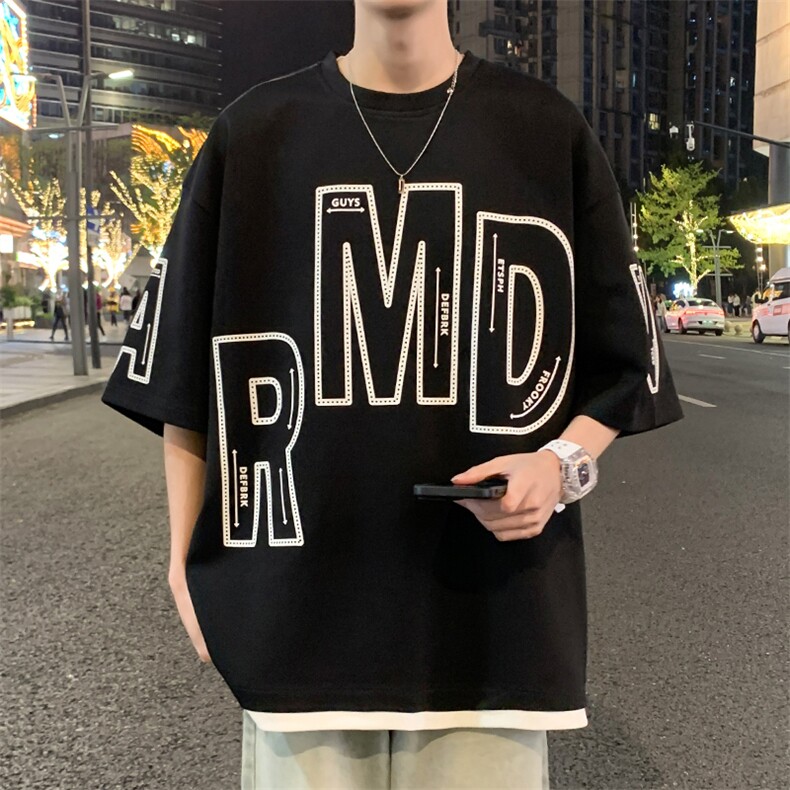 2024夏季新款港风外景大码菠萝格假两件T恤M-5XHT24400-特P25,男装T恤,电商A022