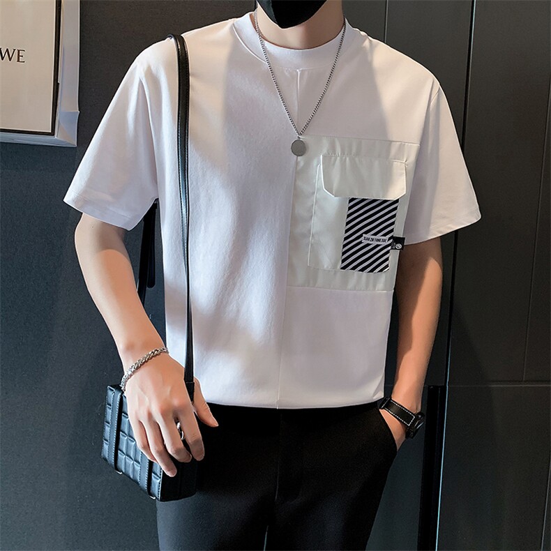 2025新款夏季短袖T恤男设计感潮流口袋纯棉体恤A313-1-67031-P45,男装T恤,电商A313-1