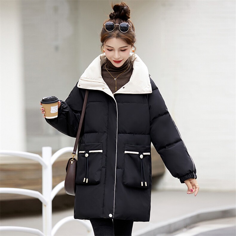 冬季羽绒棉服女中长款2025新款时尚拼色棉衣宽松休闲女士棉袄外套,女装棉衣/棉服,牡丹诺
