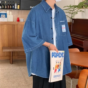 牛仔短袖衬衫男女薄款港风痞帅七分袖外套ins韩版潮流宽松衬衣图片