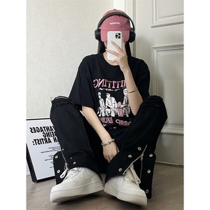 美式高街ins小众拉链hiphop排扣破洞休闲牛仔裤货号K642P6078图片