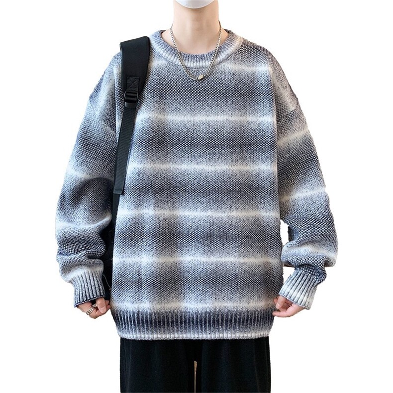 84673-P62渐变色彩色条纹圆领毛衣男秋冬季宽松慵懒风针织衫外套,男装针织衫/毛衣,电商D310B