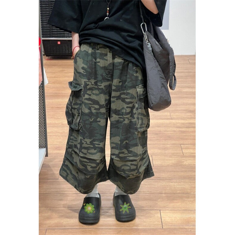 2025新款美式复古迷彩工装裤男女宽松直筒阔腿休闲七分短裤D3309图片
