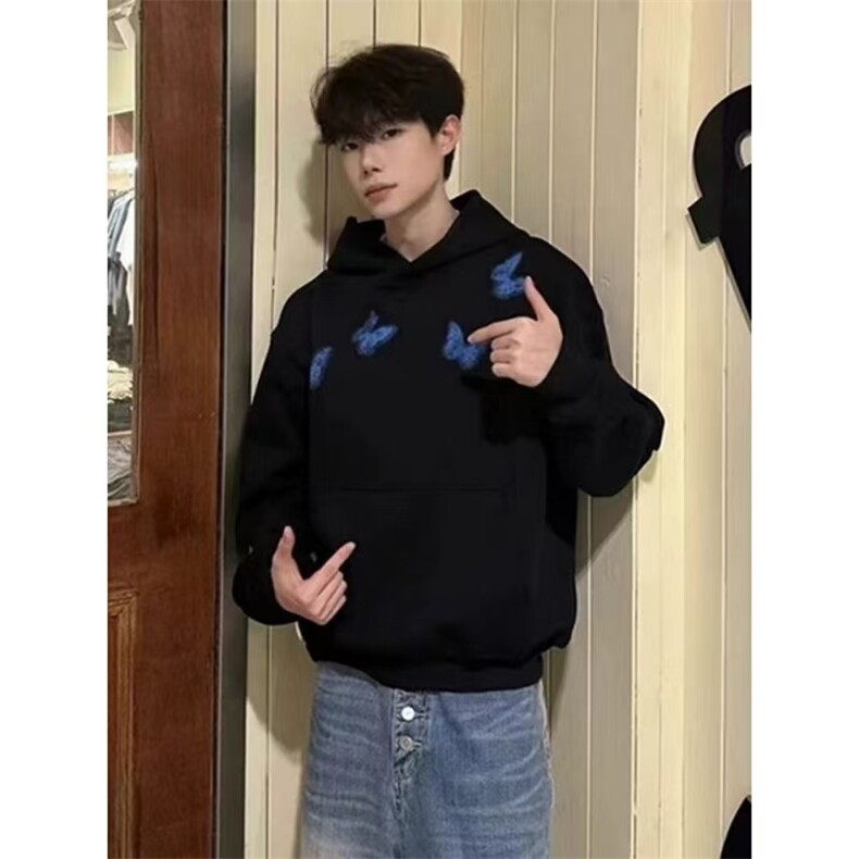 网络图现货美式重磅华棉潮流设计蝴蝶印花男女连帽卫衣WY396-P48,男装卫衣,星座715-7