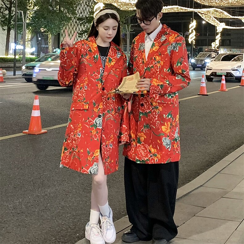 Y001男女中长款休闲风衣外套东北大花帅气外衣潮大码新中式表演出，男装风衣，星座115A(原星座507）