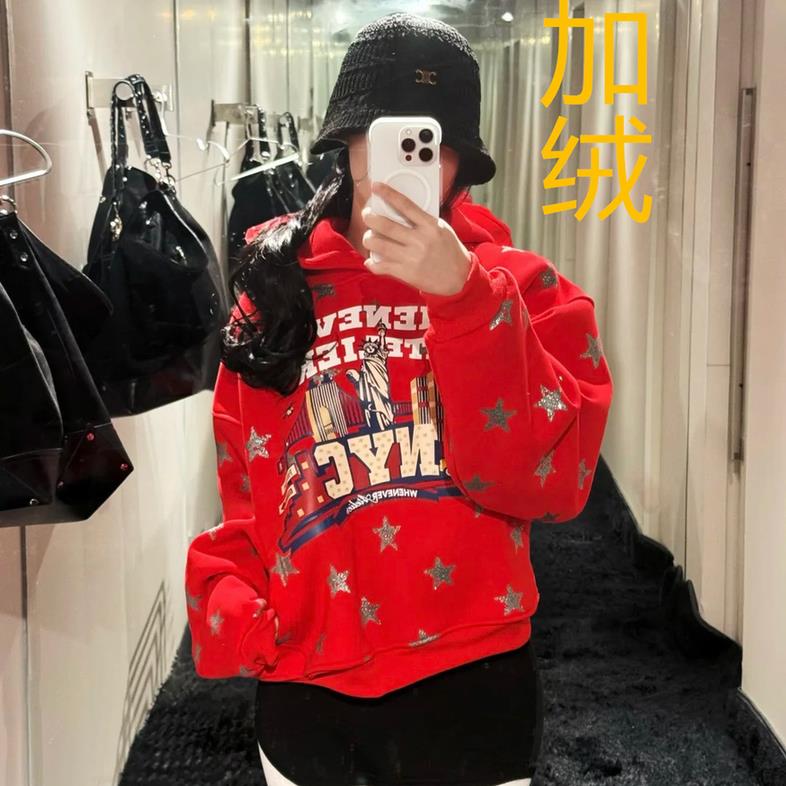 可爱风苹果刺猬刺绣连帽卫衣女秋冬宽松甜美设计感毛球装饰外套潮,女装短外套,星座506A