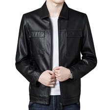 秋季2023新款男士商务休闲中年时尚翻领上衣纯色加绒皮衣外套，男装皮衣，电商B212（原钱塘6029）