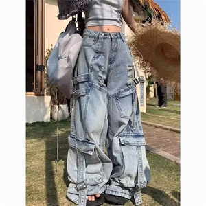 A18-P70 大码美式复古解构飘带工装牛仔裤女高街多口袋破洞图片