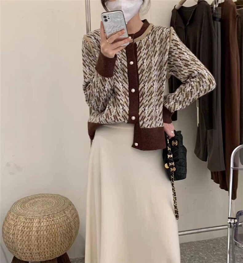 990复古千鸟格开衫毛衣，女装针织衫/毛衣，Lucky Lee