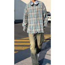 格子衬衫流苏下摆设计小众百搭美式外搭A061-AC00378-P60，男装衬衫，电商A061