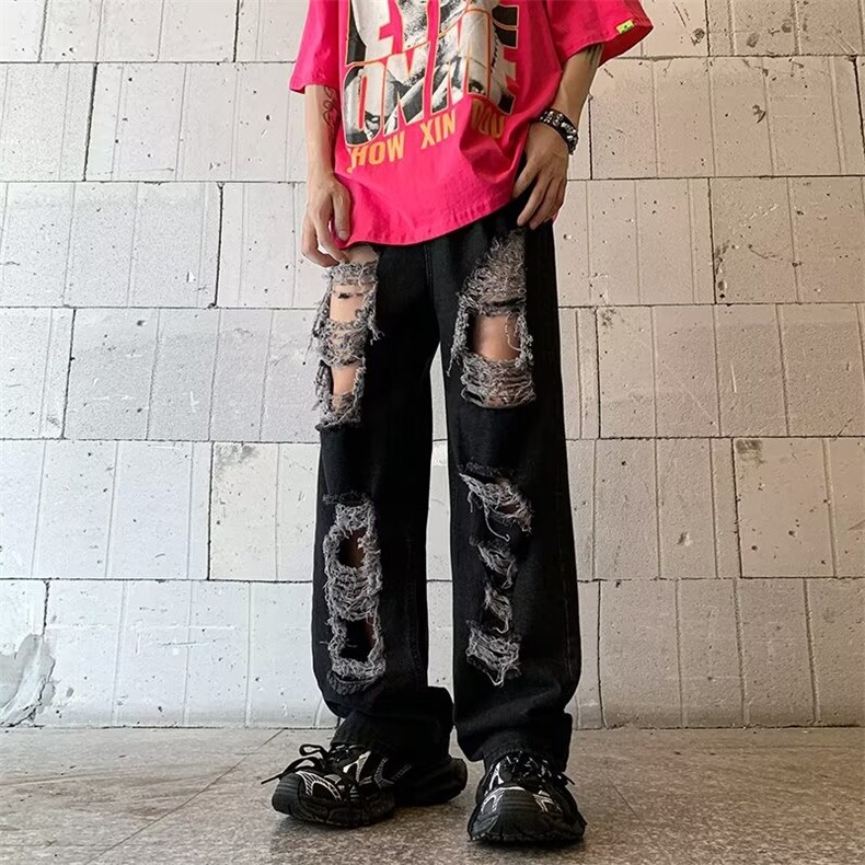 美式高街破洞牛仔裤男夏季高腰直筒宽松显瘦流苏感阔腿拖地裤图片