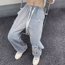 潮牌ins渐变破洞牛仔裤男夏季美式高街直筒宽松阔腿裤K7069-P38，男装牛仔裤，星座512-4