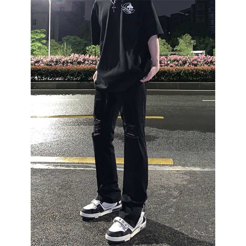 B221美式ins高街暗黑拉链小脚弹力破洞牛仔裤LK23060-P65控88,男装牛仔裤,电商B221