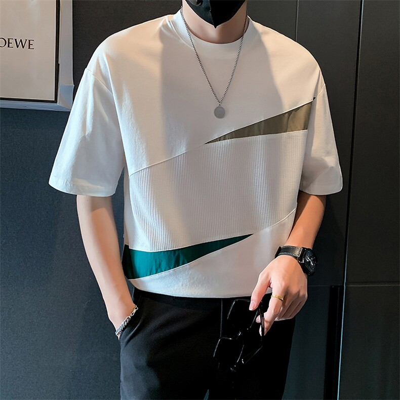 2025新款夏季短袖T恤男设计感潮牌拼接半袖体恤A313-1-K875-P55，男装T恤，电商A313-1