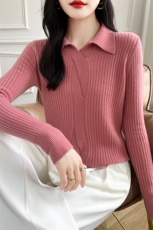 2024秋冬新款女士羊毛翻领修身设计感针织衫打底衫ZA627，女装羊毛衫，哲奥羊绒