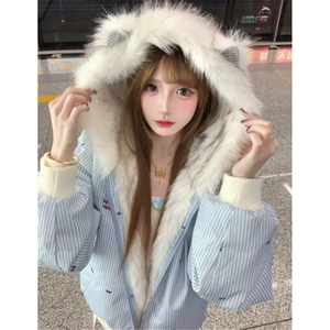 双面穿外套猫耳朵设计连帽棉服女冬季减龄宽松保暖上衣 M3623图片