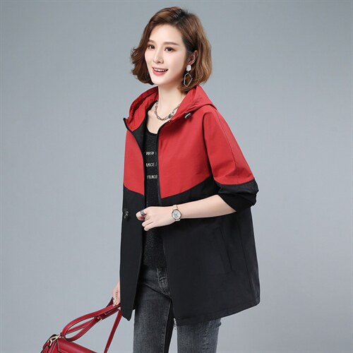 2022春秋季新款时尚气质拼接连帽风衣外套,女装风衣,依倍林