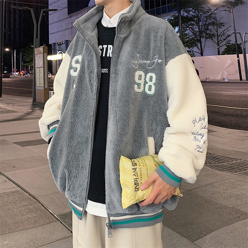 冬款加绒加厚绒里棉衣羊羔绒立领拼接外套2022男 928-P110控价158图片