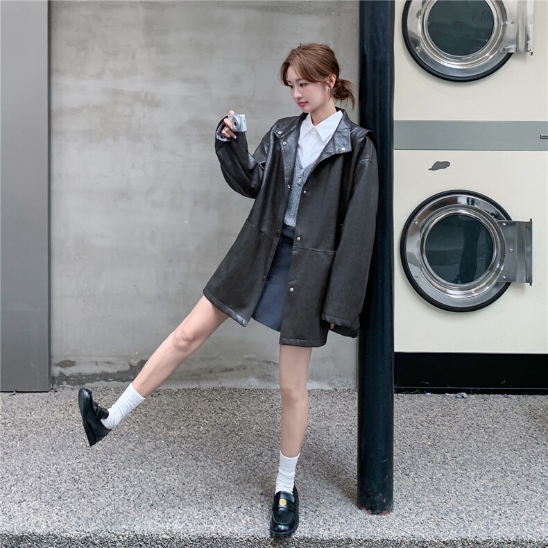 高级感咖色西装皮衣外套女秋季季宽松2025新款PU皮夹克韩版时尚潮,女装皮衣,意芙