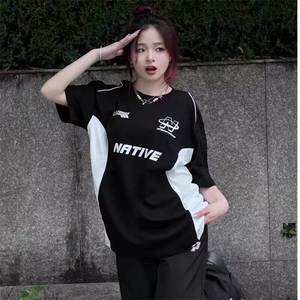 青少年渐变常规非品牌宽松型ins夏季美式潮牌字母印花拼色短袖t恤图片
