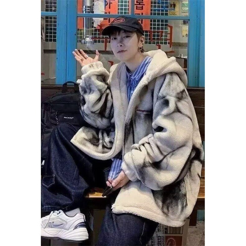 美式扎染羊羔绒外套男士秋冬高级感加绒加厚保暖连帽棉衣休闲棉服,男装棉衣,星座1013