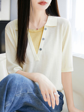 常规假两件2025年夏季夏季新款宽松洋气冰丝针织打底衫，女装T恤，暖圣羊羊绒