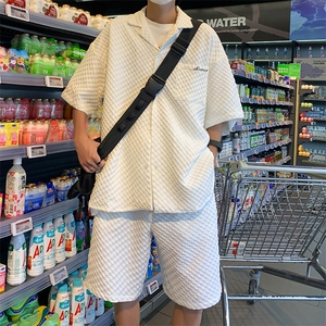 夏季新款短袖衬衫短裤男格子衬衫短裤休闲运动套装男 W3337-P53图片
