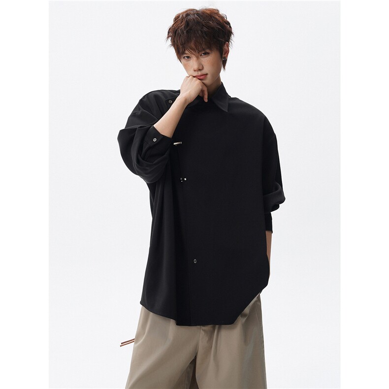 斜搭门襟金属扣新中式长袖衬衫大码设计感风衬衣外套LC302特P52，男装衬衫，电商B215