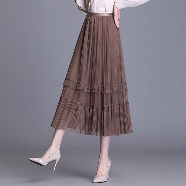 纱裙女2025春秋新品网纱半身长裙遮胯显瘦百褶裙中长款大摆蛋糕裙，女装半身裙，灵动羽绒服工厂