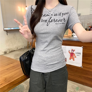 TT064-P35 短袖t恤女夏2025新款印花短款正肩圆领韩版上衣图片
