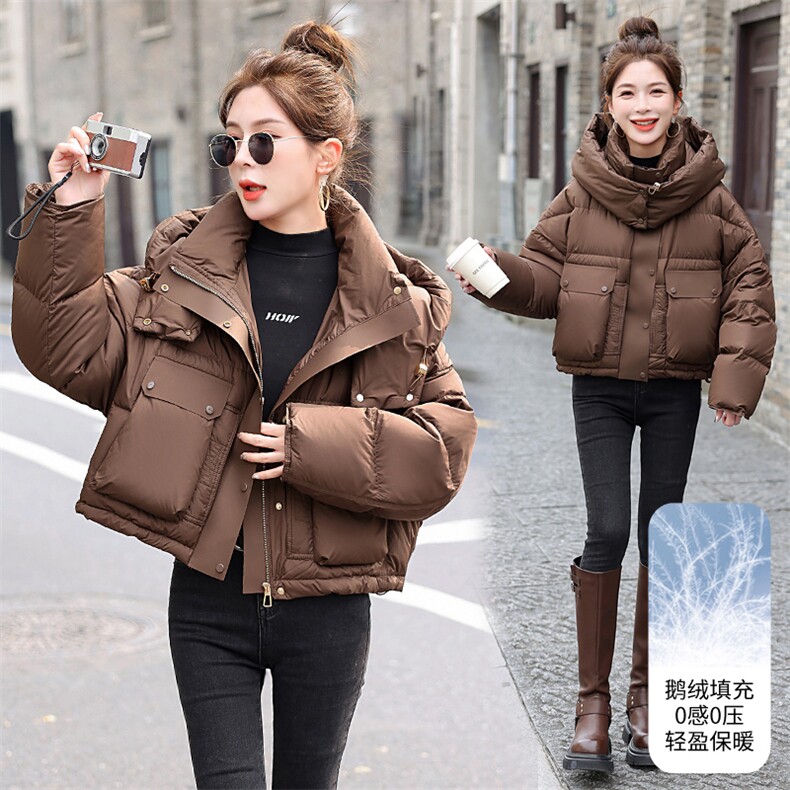 欧货白鹅绒羽绒服女短款2025冬季新款加厚小个子面包服连帽外套女图片