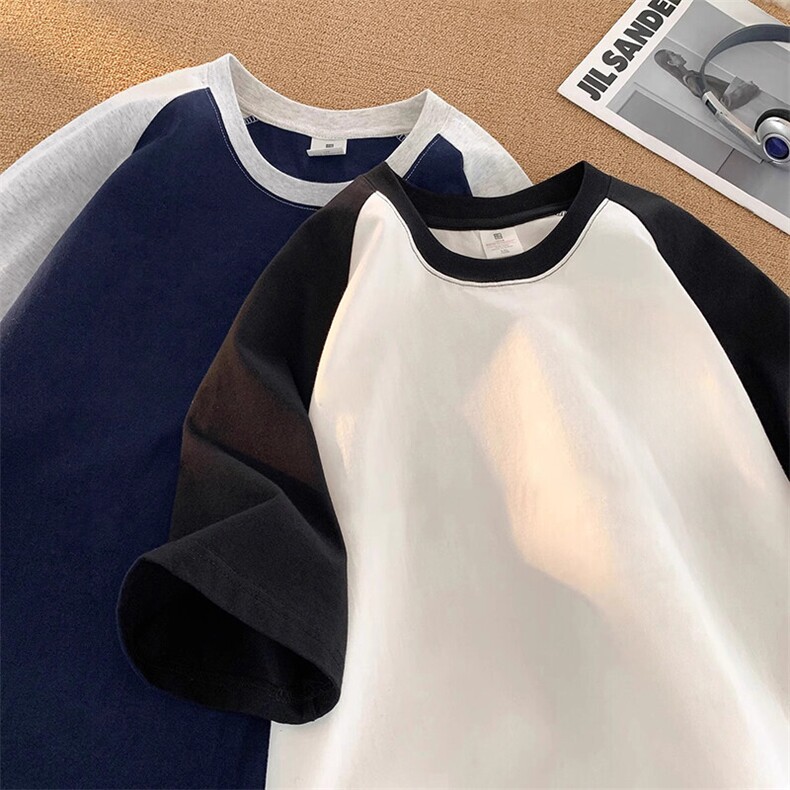 抖音得物高品质二开240克宽松纯棉美式潮牌插肩袖拼接短袖T恤，男装T恤，电商A486-1