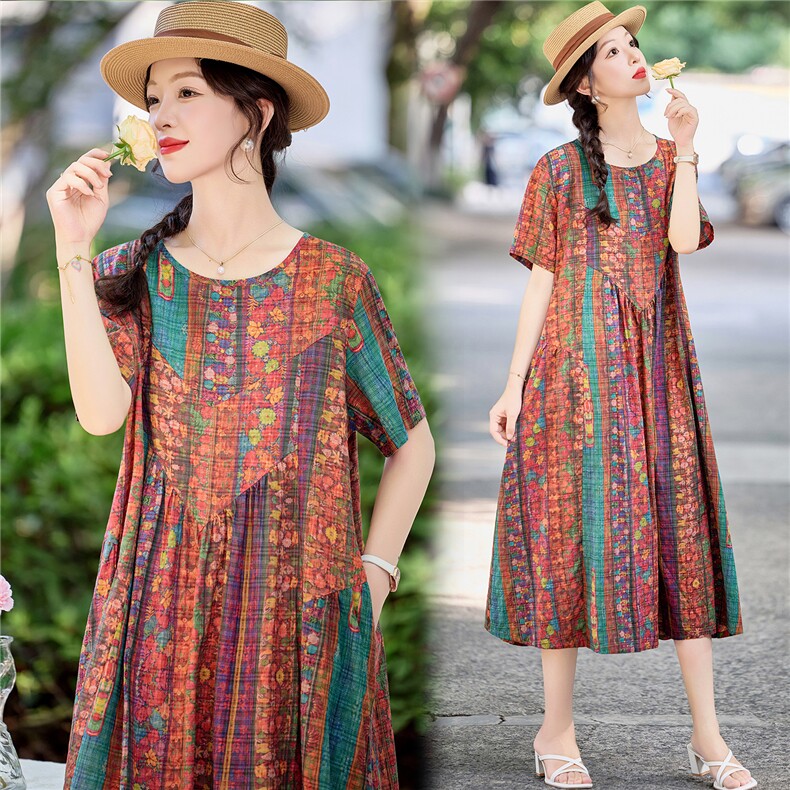 复古文艺碎花棉麻连衣裙女2026夏季宽松遮肚显瘦大码微胖直筒裙子，女装连衣裙，倪叶myz