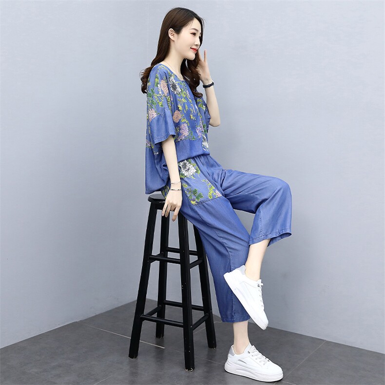 2024夏季新款时尚气质圆领直筒裤腿设计休闲舒适印花两件套,女装套装/套裙,魅影