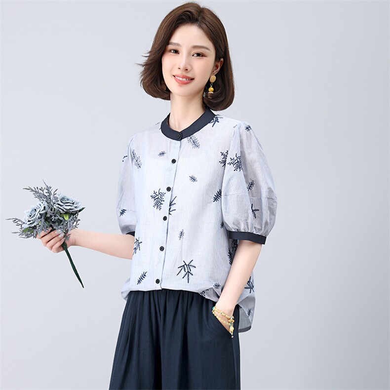 小个子纯棉刺绣小衫女夏季韩版休闲宽松年轻款妈妈薄款衬衫上衣潮,女装衬衫,江忆布依